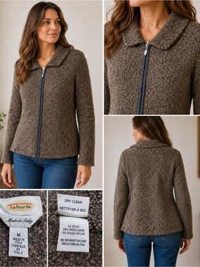 Talbots Made in Italy Bouclé Zip Sweater Jacket Women’s Medium Brown Wool Blend